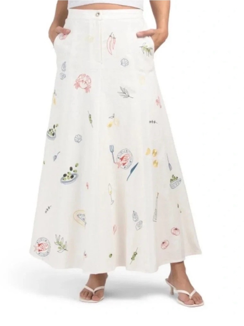 Caroline Constas White Maxi Skirt with Embroidered Food Design